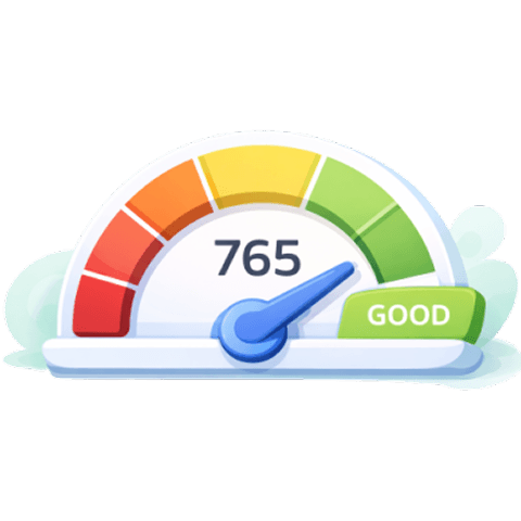 Credit score gauge showing a good score of 765